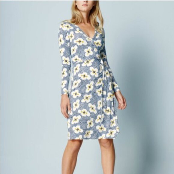 Boden Dresses & Skirts - BODEN Blue & Yellow Flower Print Long Sleeve Wrap Dress, Size 6R